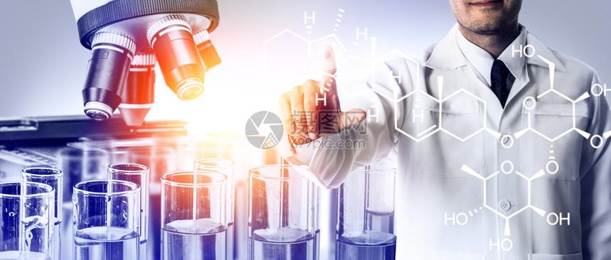 生物学的试验管和玻璃瓶以及用于医学研究的实验室化学双重接触图像